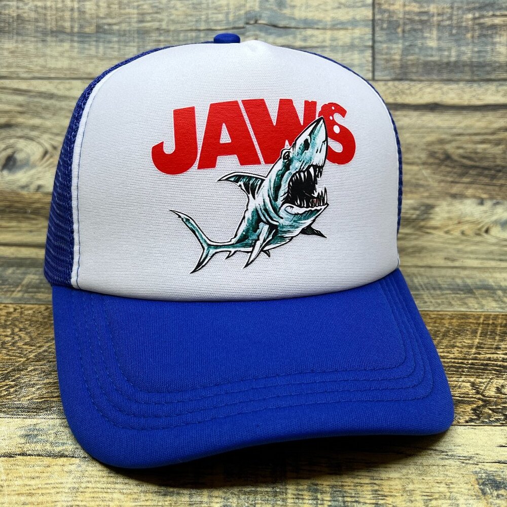 JAWS Mens Trucker Hat Black Snapback 1975 Shark Horror Movie Cult Classic Cap
